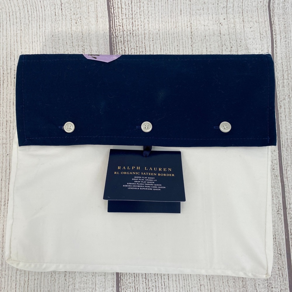 Ralph Lauren Flat Sheet Queen Navy White RL Organic Sateen Border 624TC Preppy